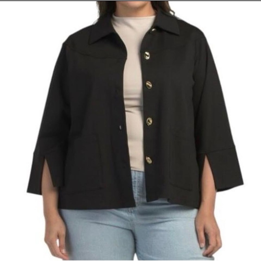 Christian Siriano New York Womens 2X Black Knit Jacket Gold Buttons Ponte Coat
